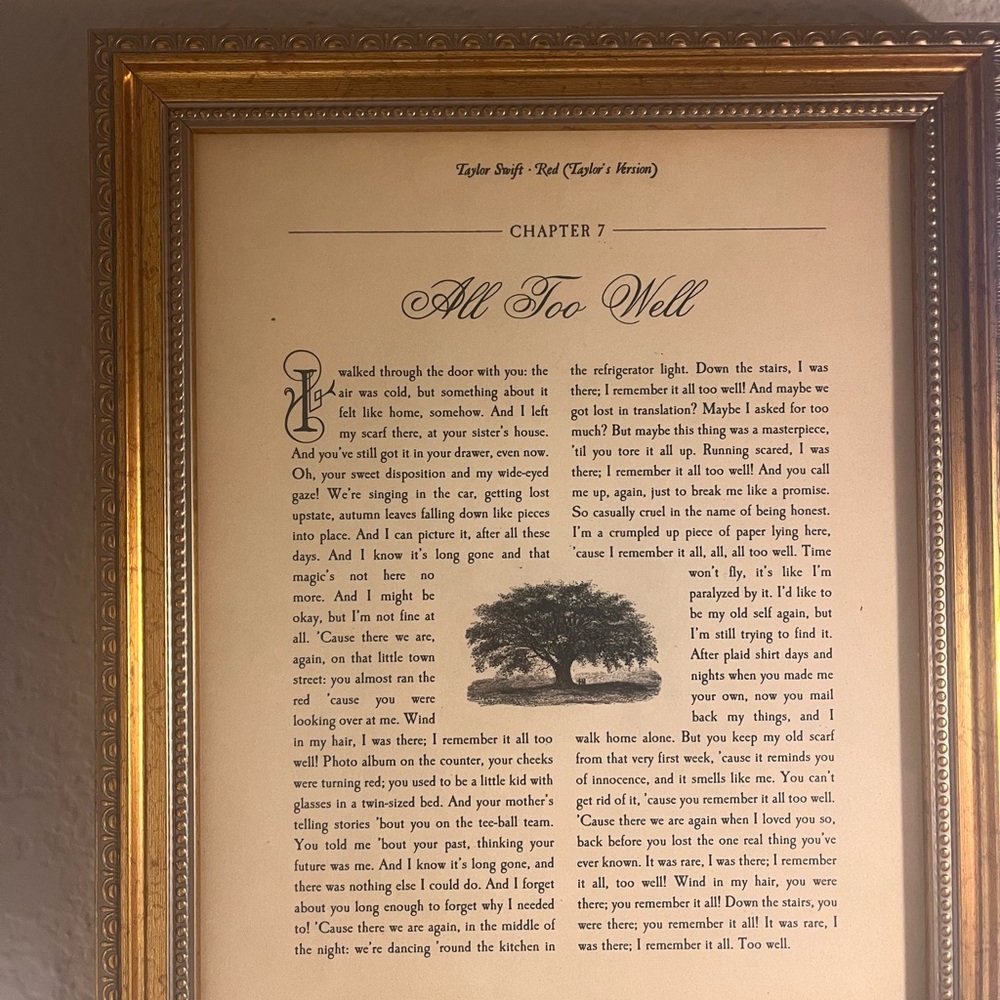 TAYLOR SWIFT MERCH SWIFTIEall too well lyrics print!